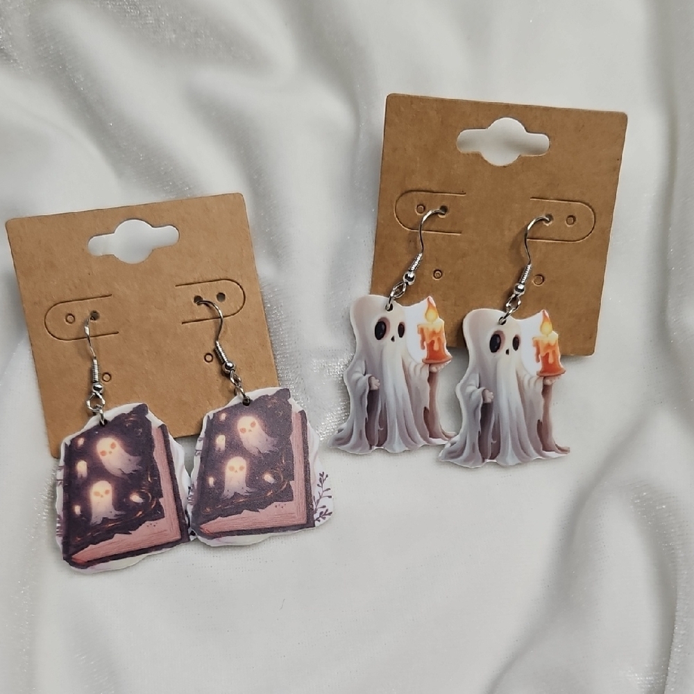 Women's Halloween Earrings Set of 2 Pairs French Hook Pierced Ghost Candles Book